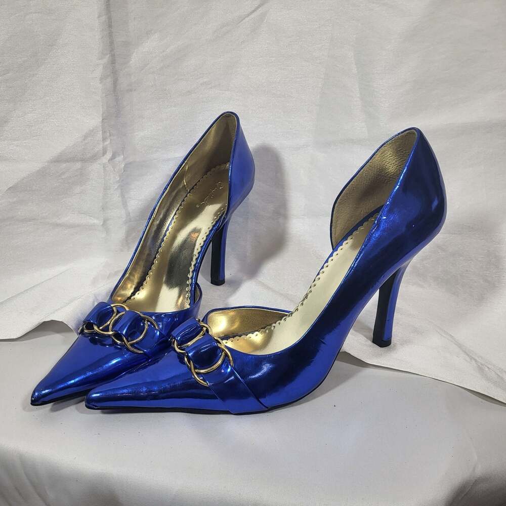 Qupid Blue Metallic D'Orsay Pointed Toe Pumps with Gold Chain Detail, size 10